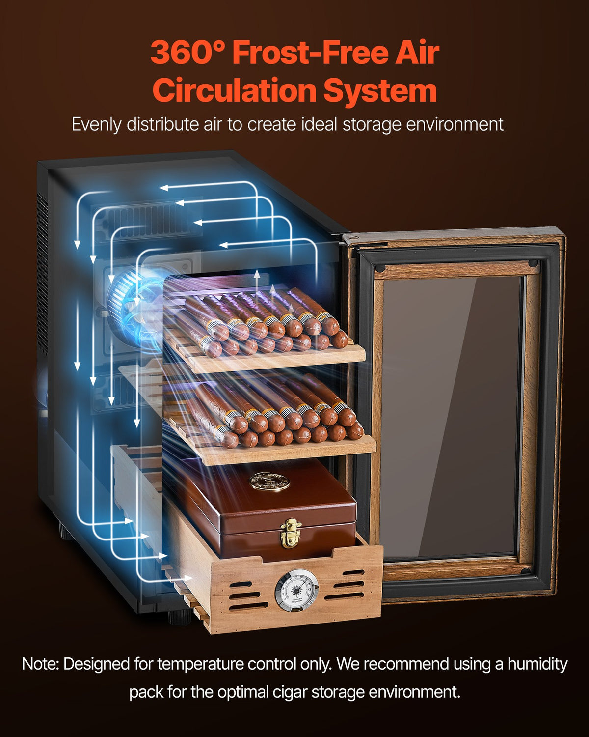 Electric Humidor, 23L, 150 Counts Electric Cigar Humidor Cabinet With Cooling Temperature Control, Spanish Cedar Wood Shelves & Drawers, Mechanical Hygrometer, 3 Layers, Cooler For Household