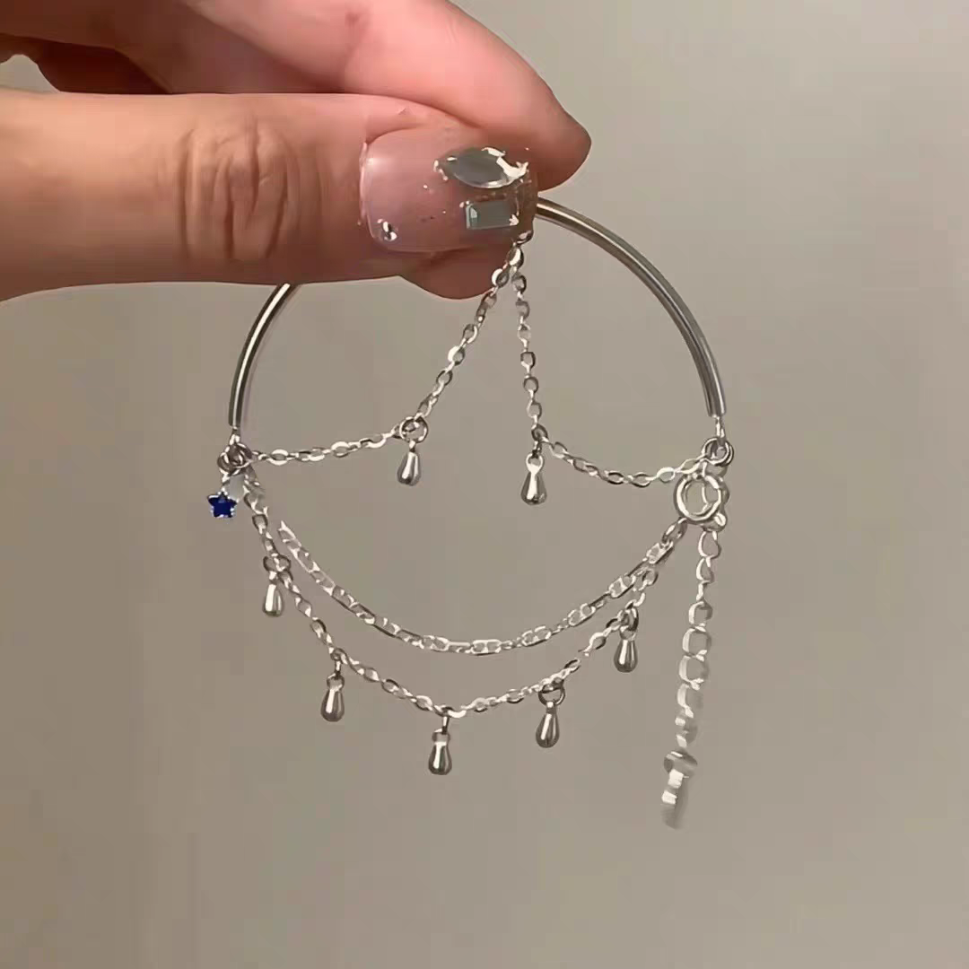 1pc 999 Sterling Silver Double-Layer Tassel Star Half-Bangle Bracelet, Trendy Style, Perfect For Daily Wear & Valentine's Gifts