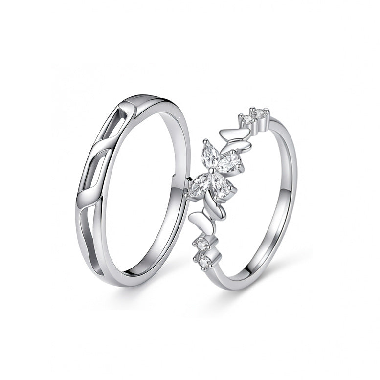 999 Fine Silver Korean Style Butterfly Couple Ring, Exquisite Niche Matching Ring