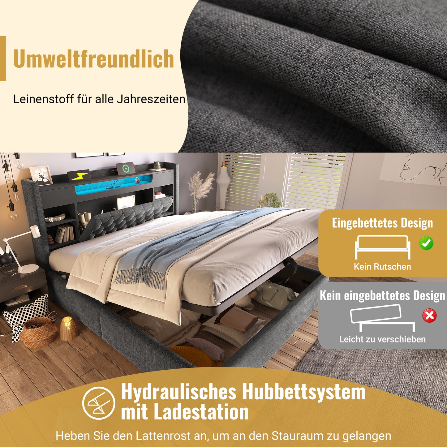 Upholstered Bed 140x200cm With Hydraulic Bed Base & LED Lighting, Bed Frame With USB Type-C Charging Function, Headboard With Shelf & Storage Space, Linen Fabric, Grey Without Mattress