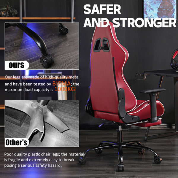 Computer Gaming Chairs For Adults, Ergonomic Computer Chair For Heavy People, Adjustable Lumbar Office Desk Chair With Footrest, 360degree-Swivel Seat PU Leather Gamer Chair, Red