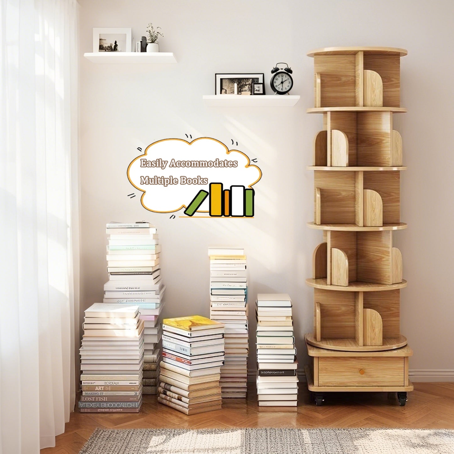 6 Tier Rotating Bookshelf, Display Round Spinning Bookshelf With Wheels And Drawer, Space-Saving, Small Space Rotating Bookshelf Tower For Bedroom, Living Room, Home, Office, Wood Color