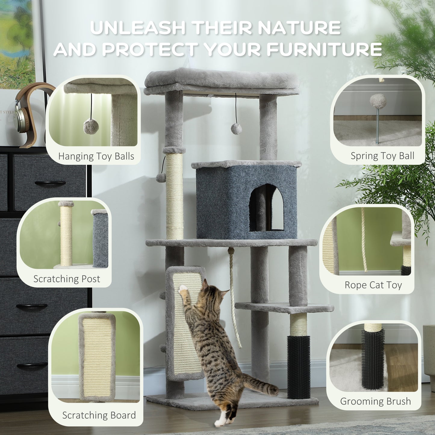 PawHut 132cm Cat Tree W/ Scratching Posts, Pad, Cat Bed, Cat House, Jumping Platform, Grooming Brush, Anti-Tip Kit, Light Grey