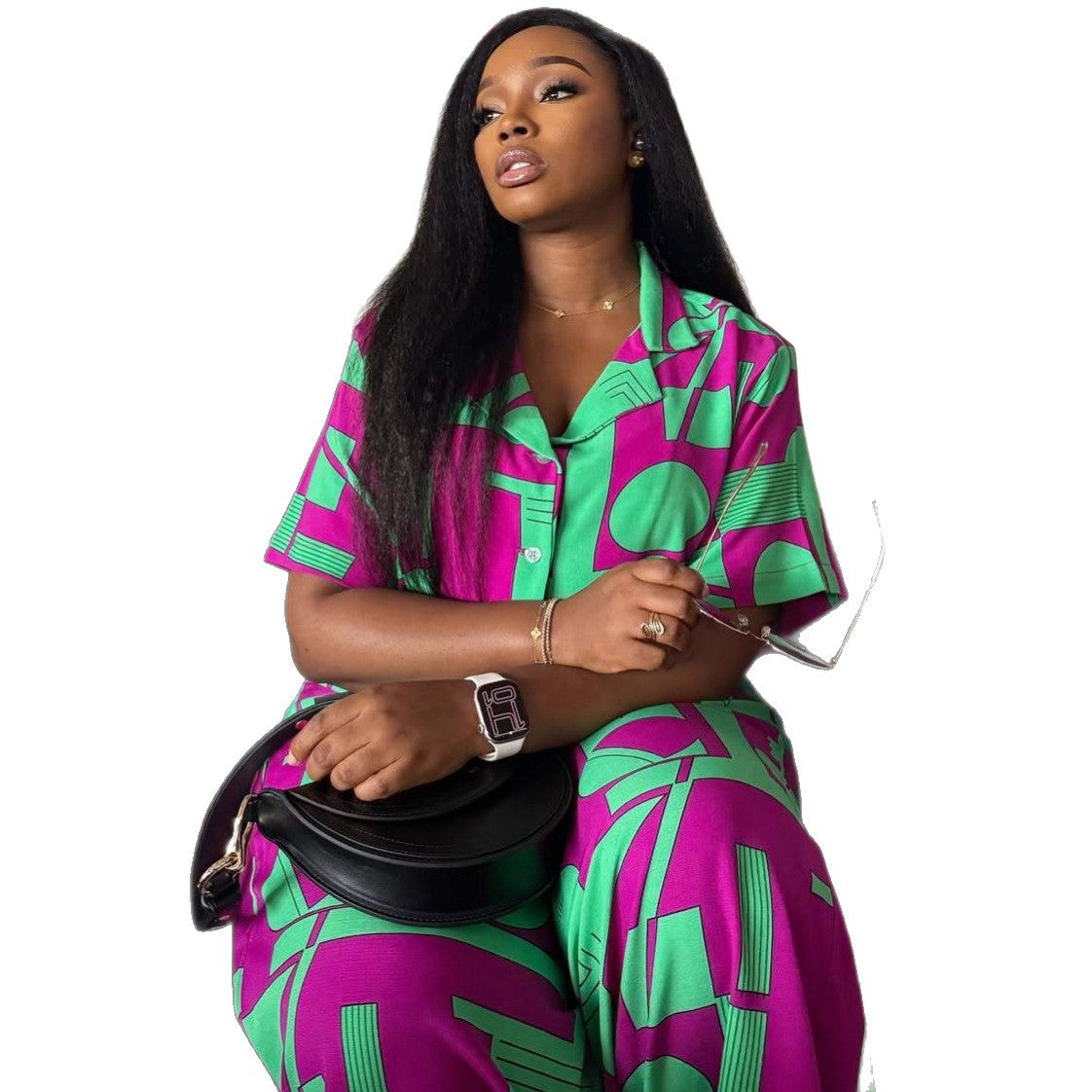 Womens Fashion Chic Printed Short-sleeve Top And Pants Two-piece Set