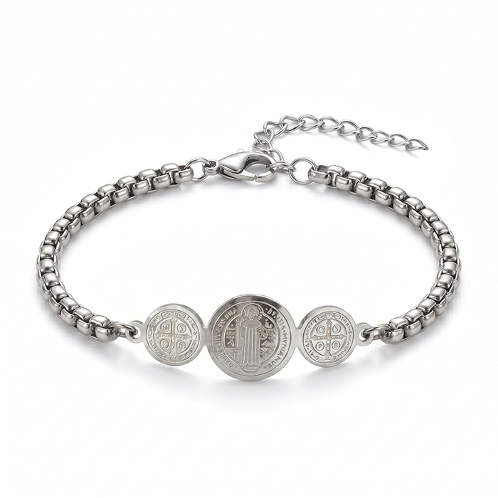 St. Benedict Medal Protection Bracelet With Message Card - 18K Gold Plated Stainless Steel Box Chain Religious Blessing Jewelry Gift For Men Women
