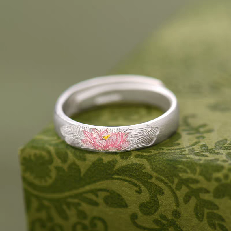 1pc 999 Sterling Silver Painted Lotus Open Ring, Fresh Chinese Style, Perfect For Daily, Dating & Gifting, Ideal Valentine's Gift