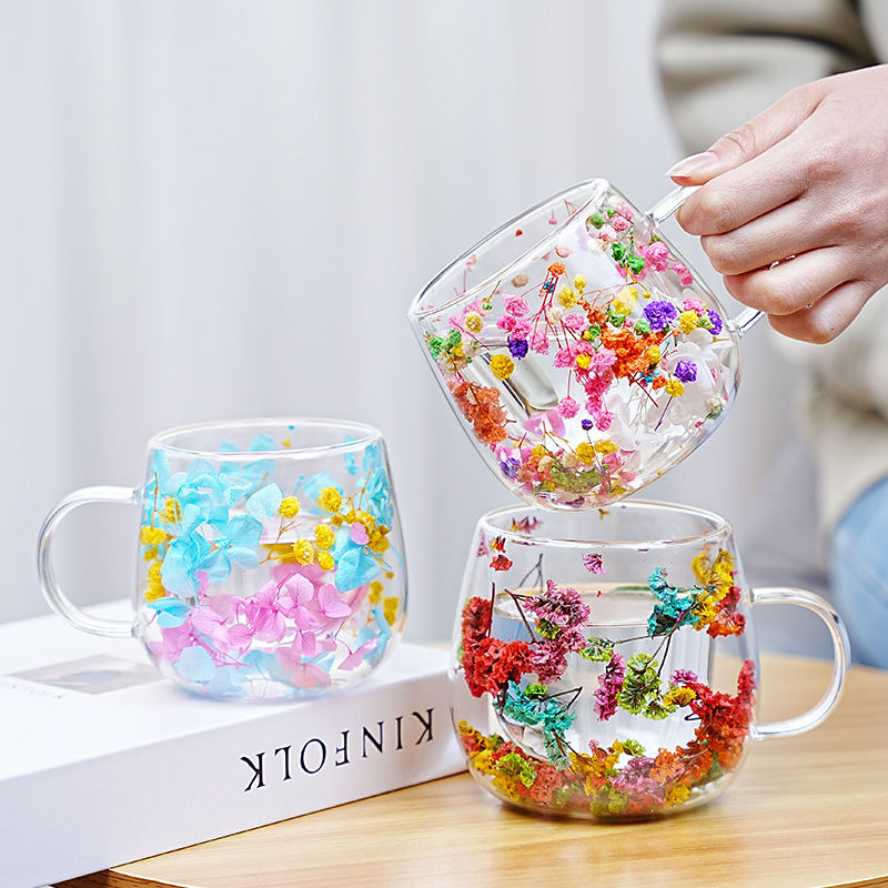 High-borosilicate Glass Tea Cup Internet-famous Double Layer Design With Real Flowers Inside