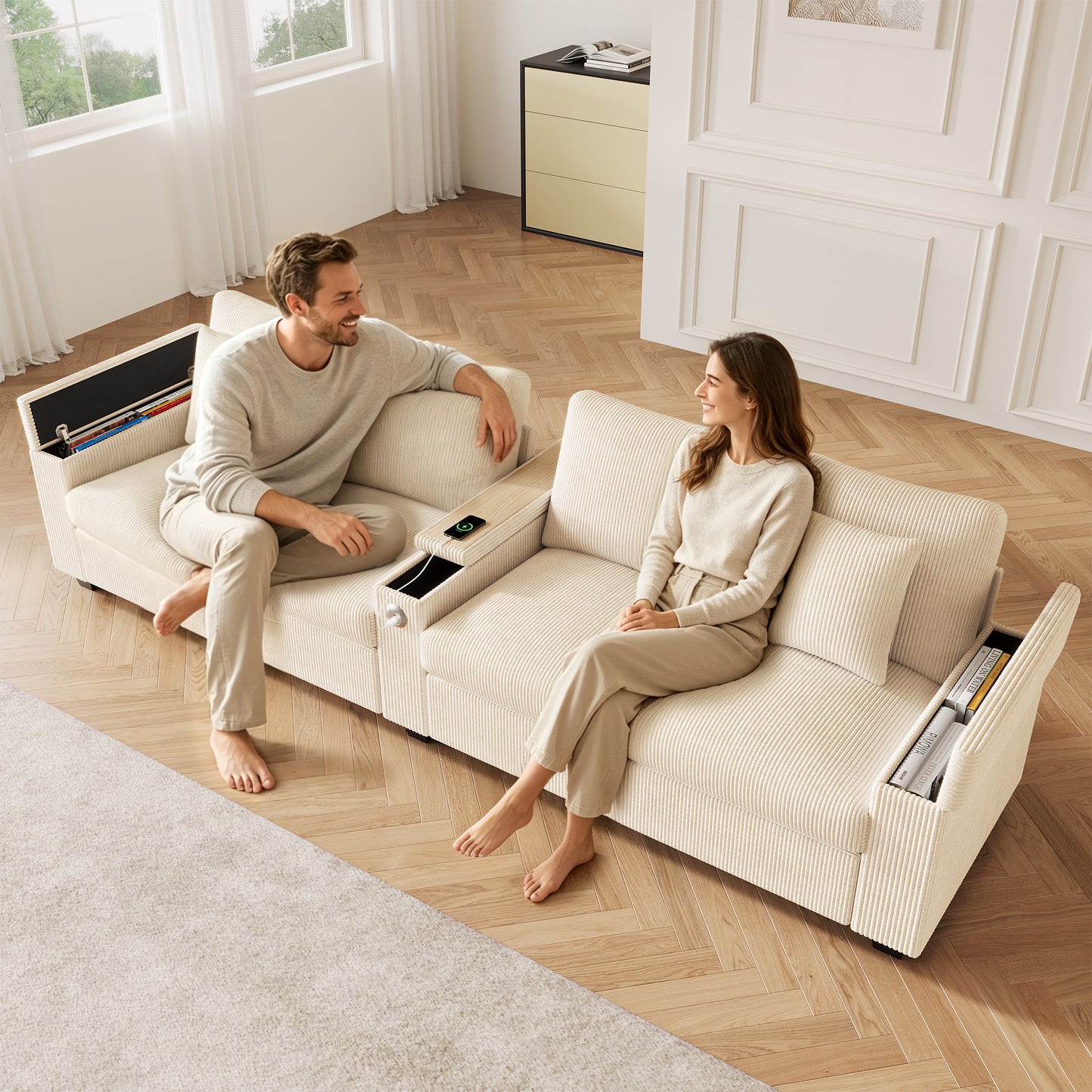 Modern 4-seater Corduroy Sofa, Living Room Sofa With USB USB-C Charging Function, Foldable Center Armrest, Hidden Storage Space, Comfortable Sofa For Office And Home, Beige.