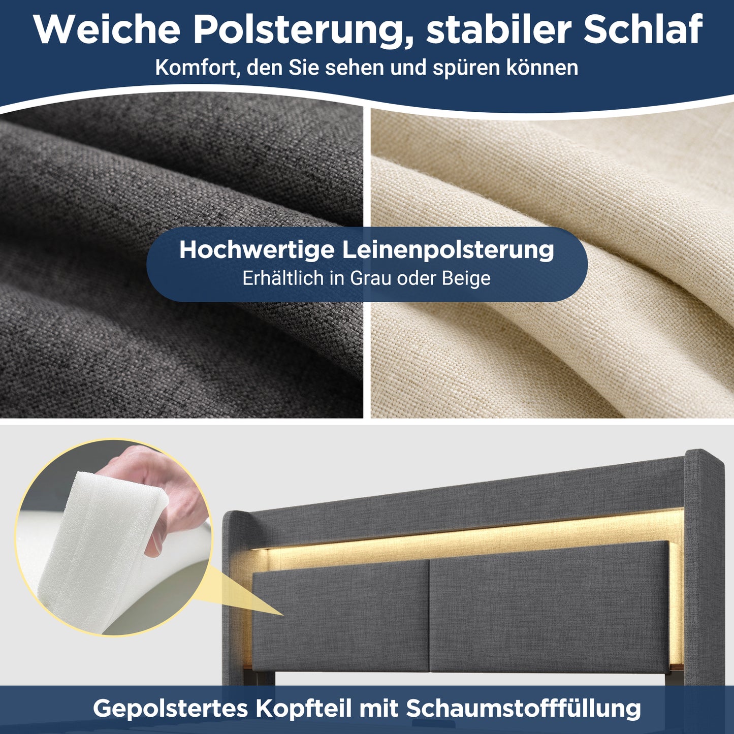 Upholstered Bed 140x200 Cm With Hydraulic Storage And Headboard With Storage Compartment, LED Lighting And USB & USB-C Port, Wooden Slatted Bed Frame, Grey, Linen, Without Mattress