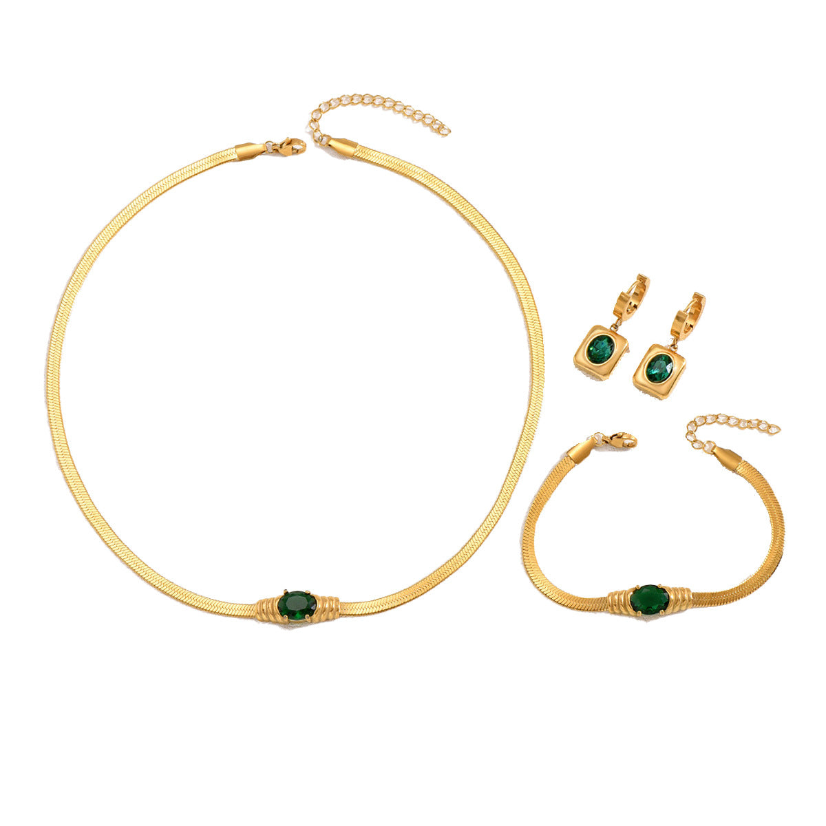 European American Cross-border Women Jewelry Set, Niche Light Luxury Necklace & Matching Earrings Inlaid Emerald Green Cubic Zirconia, Versatile Daily Fashion Accessories