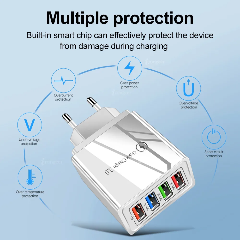 3.1A USB Charger, 4-port QC 3.0 Mobile Phone Charger Adapter For EU, Suitable For IPhone, Samsung, Xiaomi And Wall Chargers