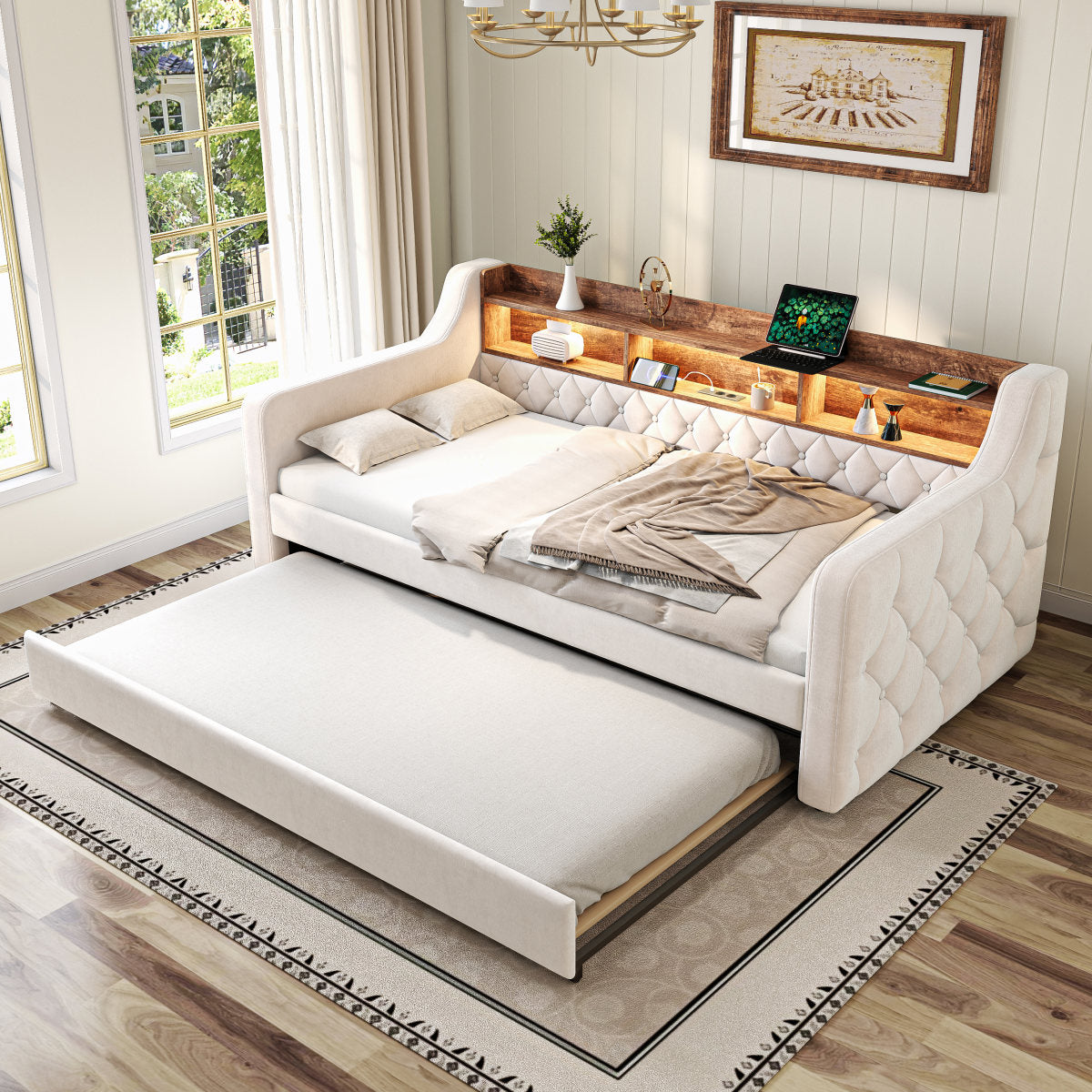 Space-saving Sofa Bed 90x190 Cm In Velvet With Storage, LED Ambiance & USB-C Port, 12 Slatted Frames & Sturdy Metal-Wood Frame For Bedrooms, Guest Rooms, Or Youth Rooms. Beige