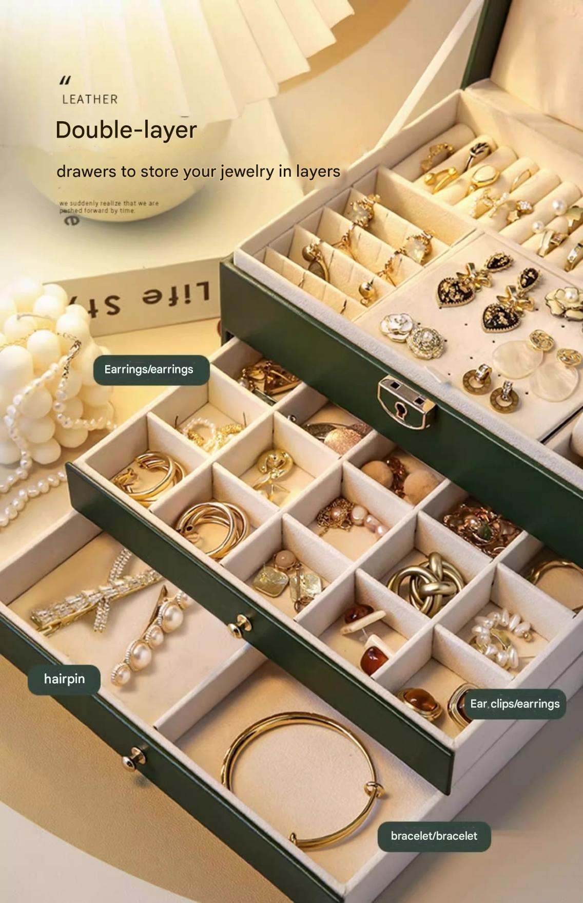 Large Capacity Jewelry Box Leather Three-Tier Drawer Accessories Storage Box Gold Jewelry Necklace Earring Bracelet Storage Box