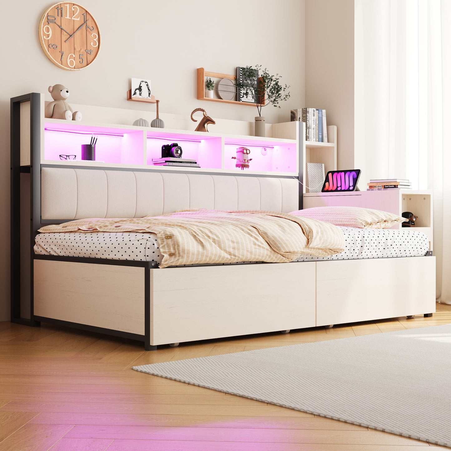 Iron Sofa Bed 90 X 200 Cm, With Versatile Storage Compartments & Lockers, Multifunctional Sockets & LED Lighting, Complete With Large Drawers And A Pull-out Desk, White