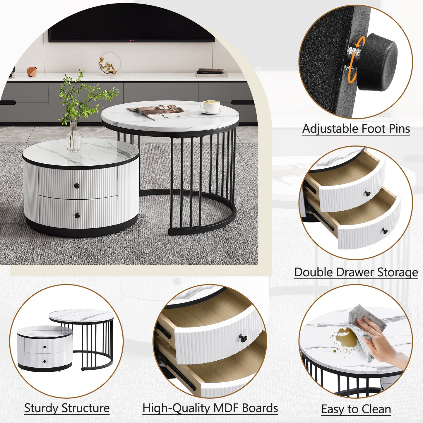 High Gloss Modern Round Nesting Coffee Table With Marble Pattern Top, White & Black Nesting Coffee Table Set Of 2 Center Table With Storage Drawers For Living Room Apartment Office