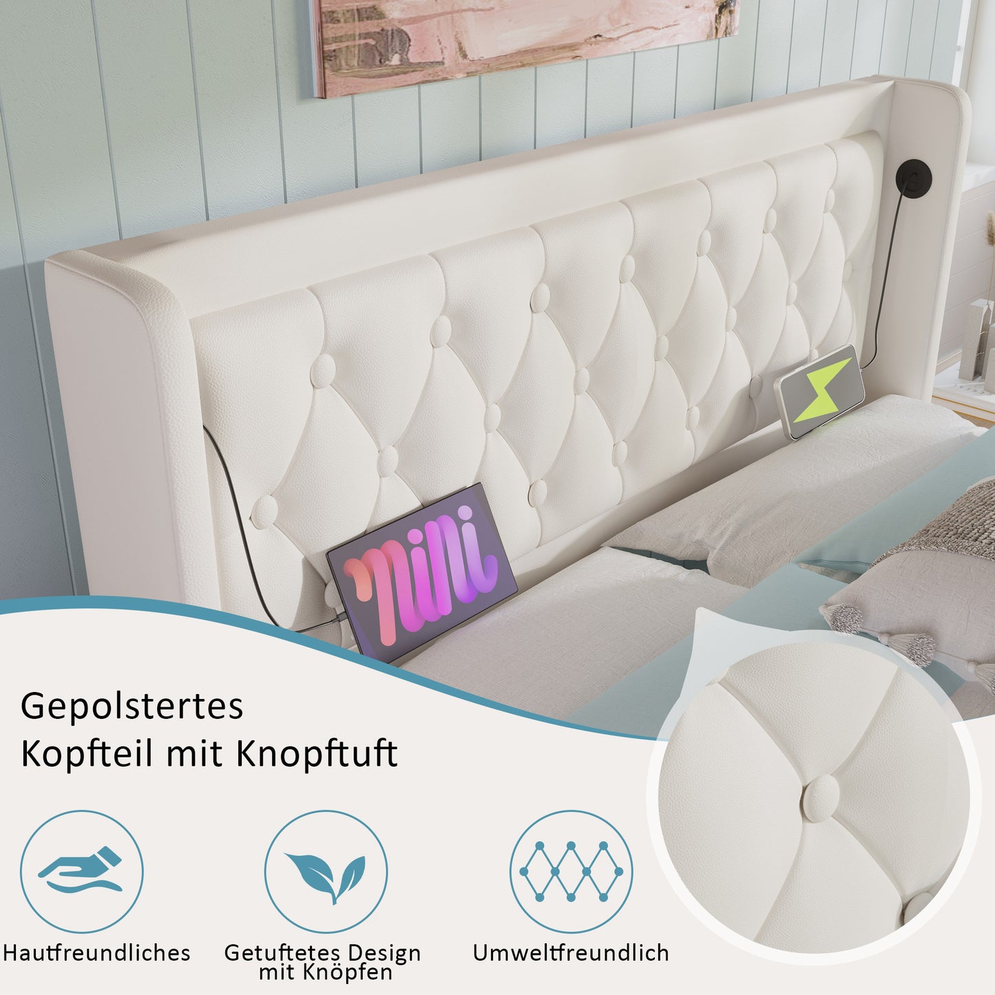 Upholstered Bed Double Bed 180x200 Cm,White PU Material Hydraulic Storage Bed, Upholstered Headboard With USB Type-C Charging Function, 3-Sided LED Function Without Mattress
