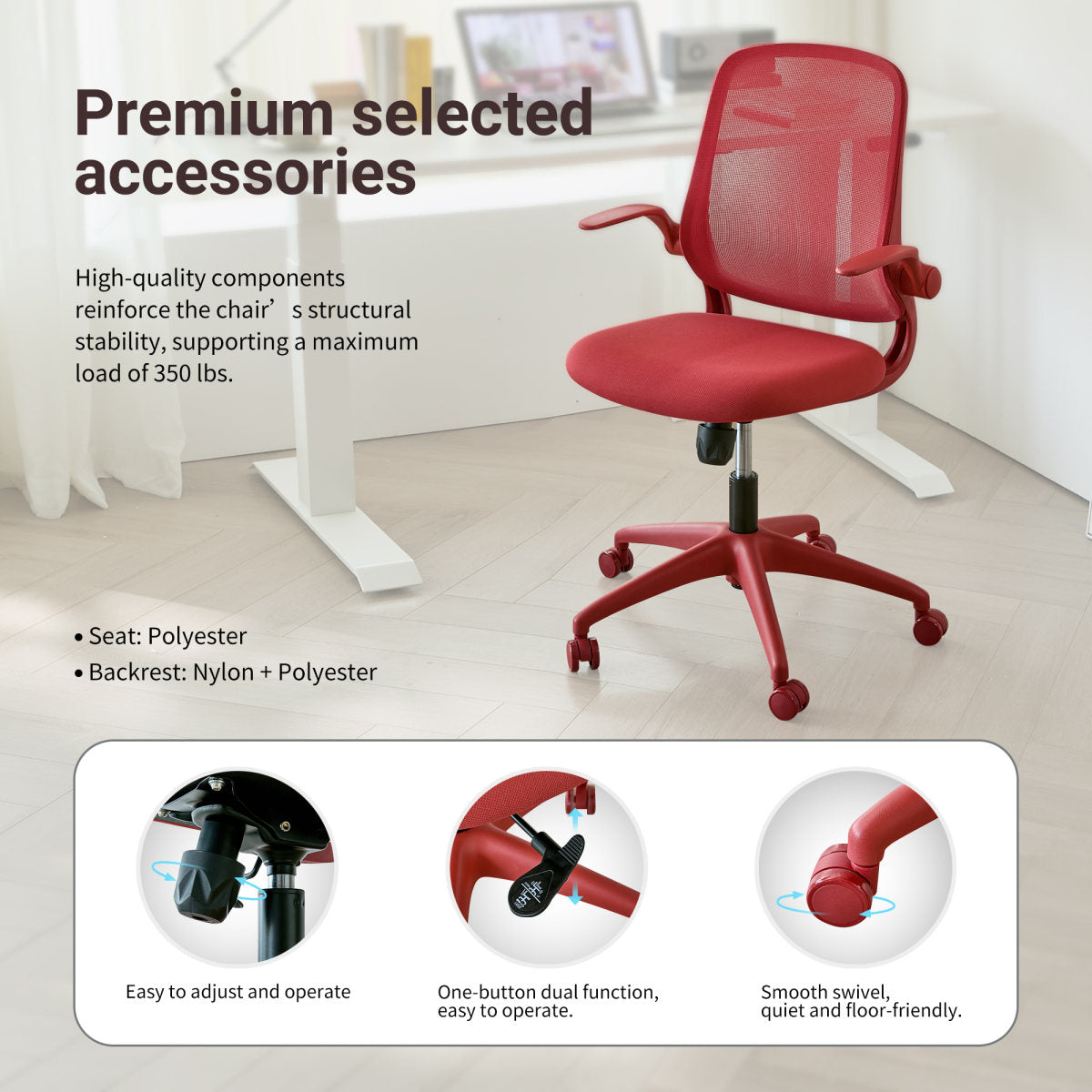 Ergonomic Color Office Chair 350LBS, Home Office, Mesh Back, Integrated Molded Foam, Comfortable Sitting, Flipping Armrest, Fireproof, Rotating, Lifting Multifunctional Chair (Red)