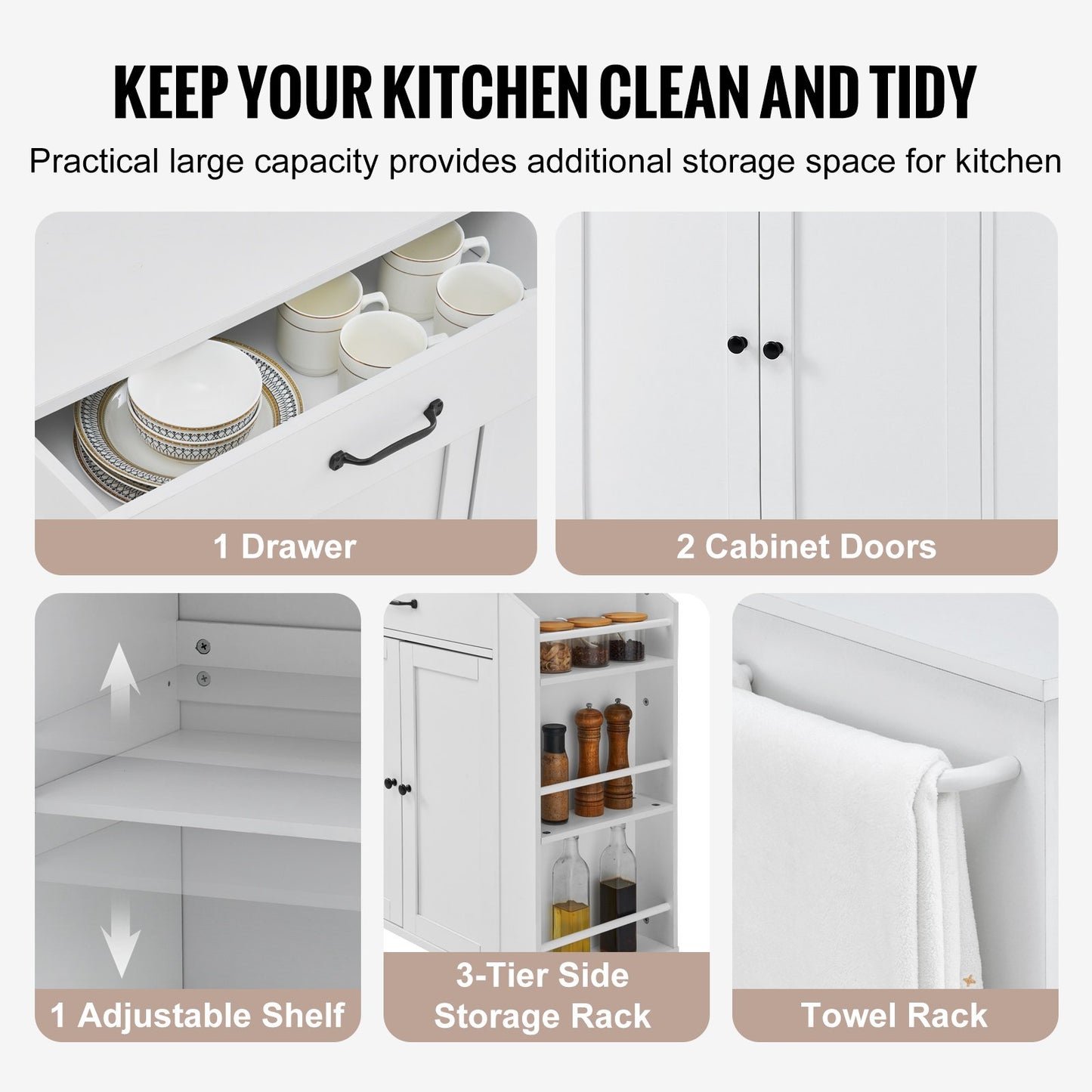 VEVOR Kitchen Island Cart Rolling Storage Cabinet On Wheel With Charging Station