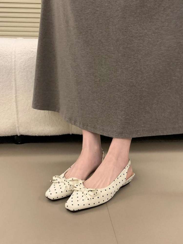 Women 2026 New French Polka Dot Square Toe Mid Heel Single Strap High Heels, Bow Thick Heel Pumps Closed Toe Sandals