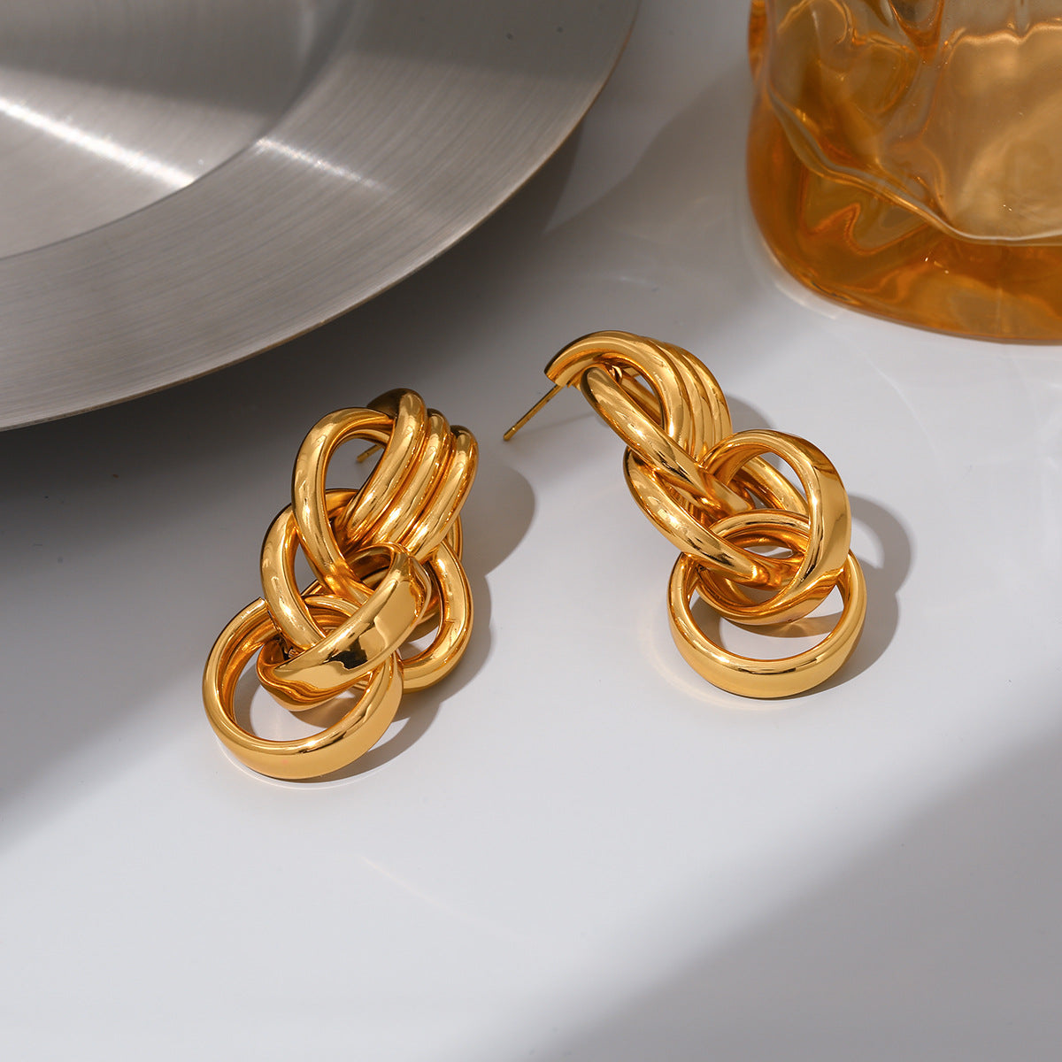 European American 18K Gold Plated Stainless Steel Earrings For Women, Light Luxury High-End Versatile Anti Tarnish Titanium Steel Fashion Jewelry For Daily Commute