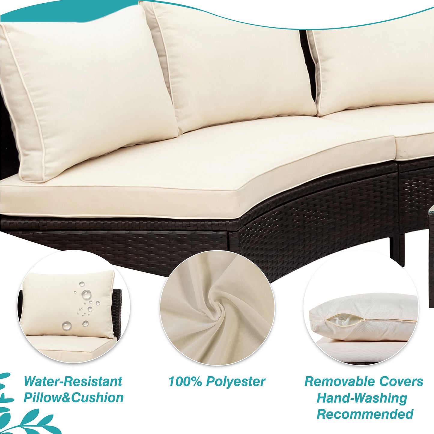 TOPMAX 5 Pieces All-Weather Brown PE Rattan Wicker Sofa Set Outdoor Patio Sectional Furniture Set Half-Moon Sofa Set With Tempered Glass Table, Beige