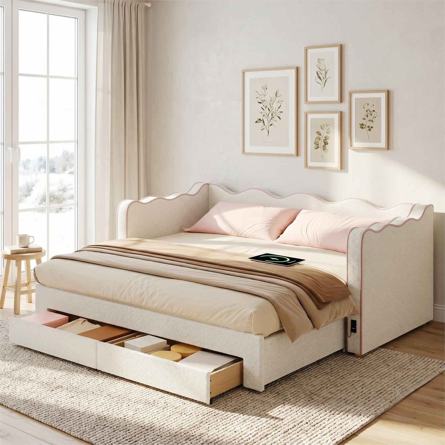 Daybed Sofa Bed With Pull-Out Trundle, Upholstered Single Bed 90 X 190 Cm Extends To 180 Cm, With 2 Storage Drawers, USB Charging Port & Padded Side Panels, Boucle, Beige