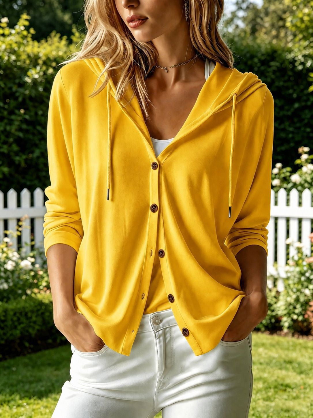 Fashion Women's Solid Color Hooded Long Sleeve Button Down Loose Cardigan