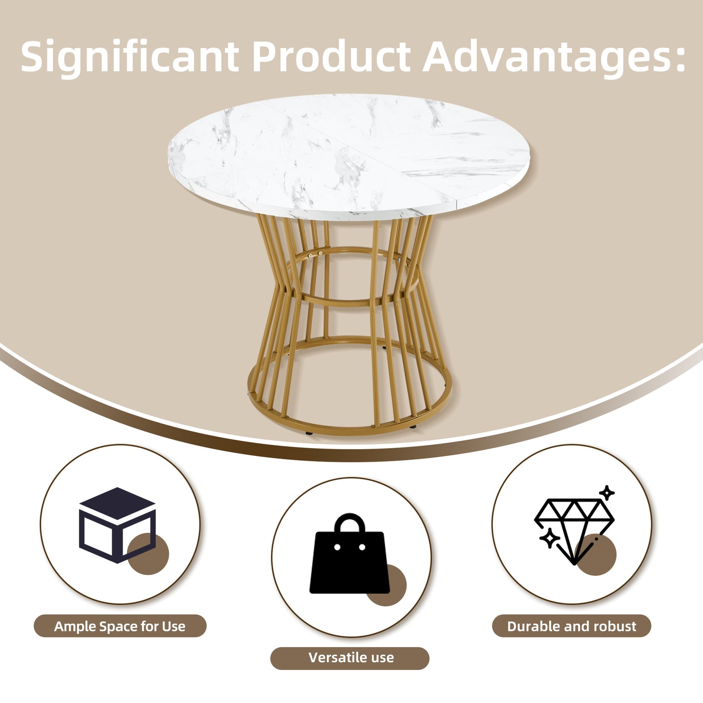 Dining Table Set 5-piece , Dining Table Set With 4 Chairs, Kitchen Table Set, Round Dining Table With 100 Cm Diameter And Golden Metal Legs, White MDF Table Top, Gray Linen Dining Chairs