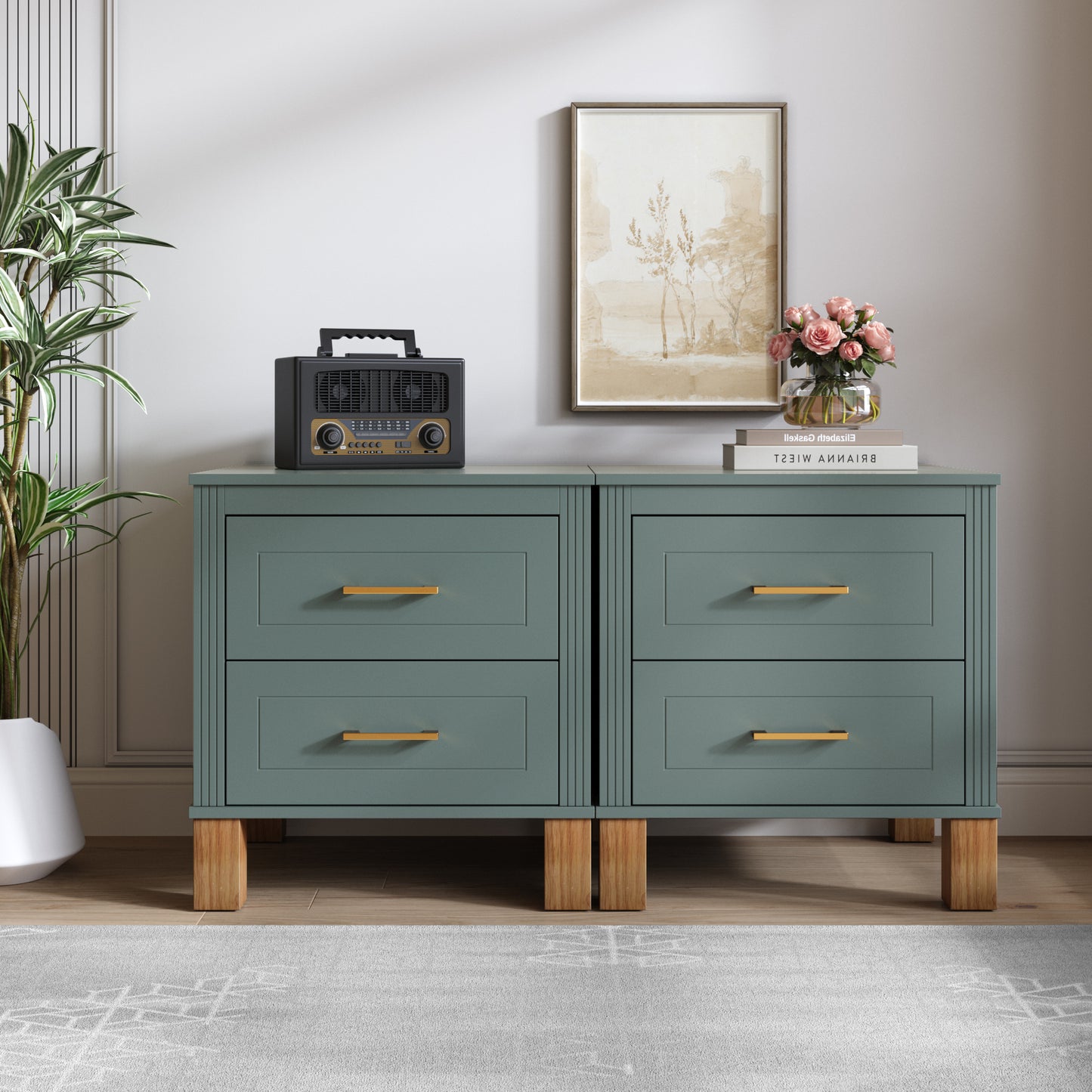 2 Drawer Nightstand, Premium Wood Storage With Elegant Fluted Design, Solid Wood Legs Nightstand With Metal Handle, Tall Bedside Table For Bedroom Living Room,Blue