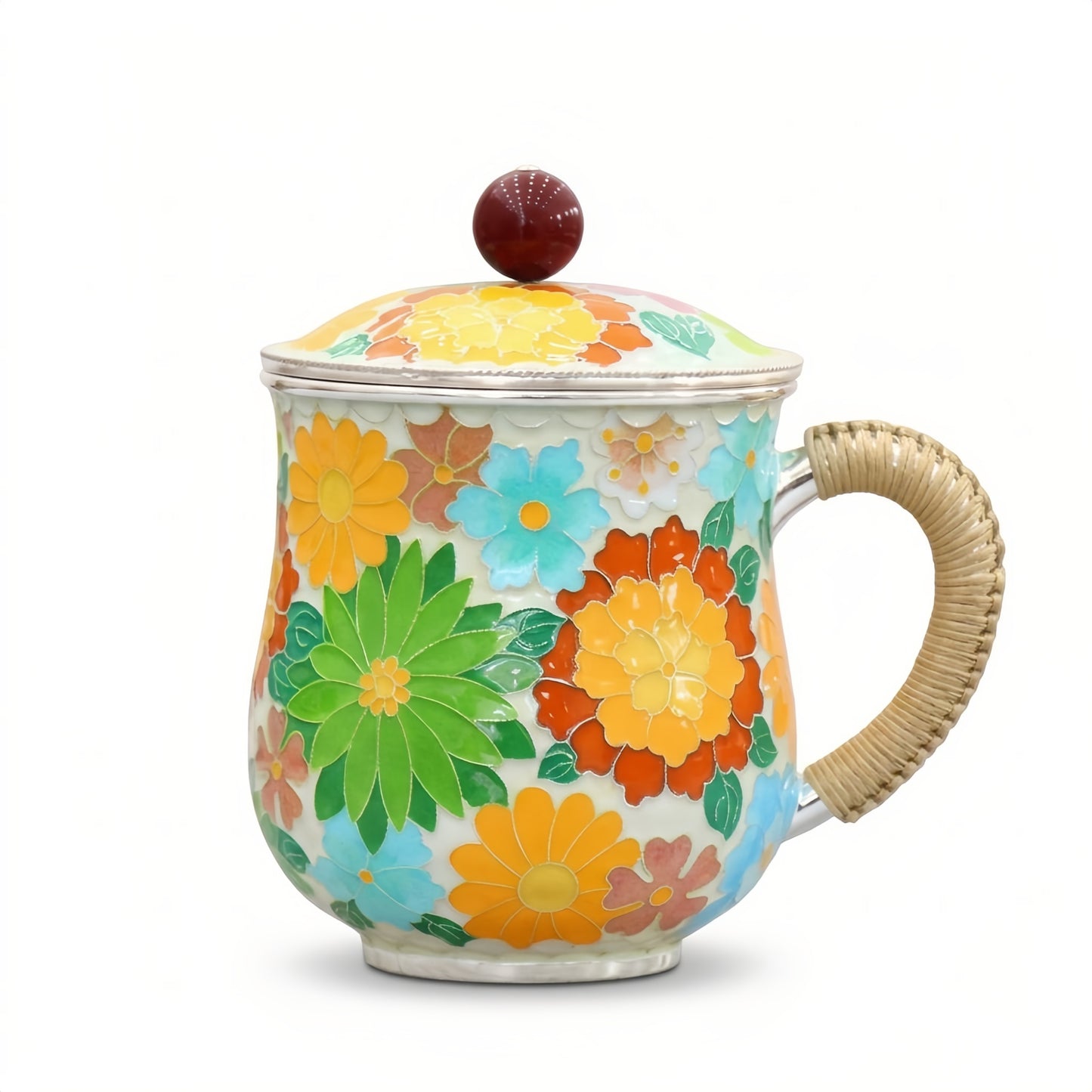 925 Sterling Silver Elegant Ceramic Floral Mug with Woven Handle and Lid-Premium Indigo Tea Mug - Handicraft