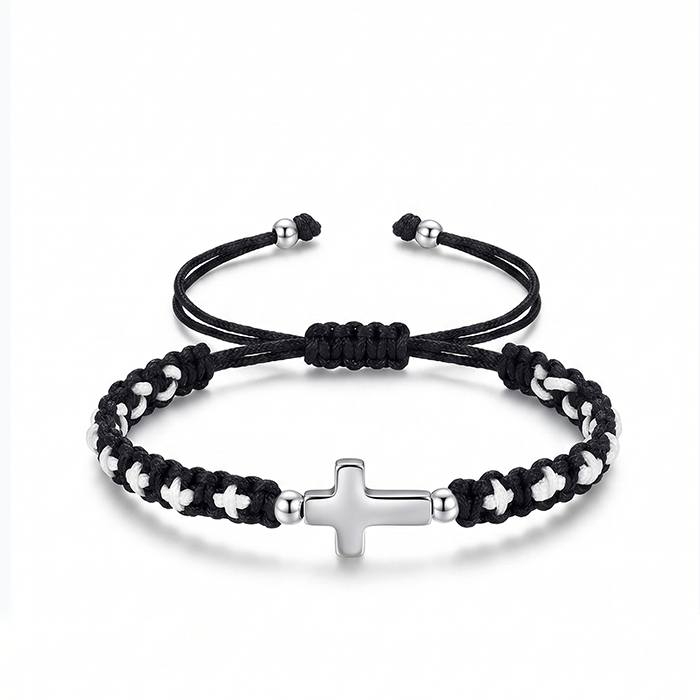 Handmade Braided Cross Bracelet For Men Women, Stainless Steel Religious Protection Bracelet, Adjustable Nylon Cord Christian Gift With Scripture Card