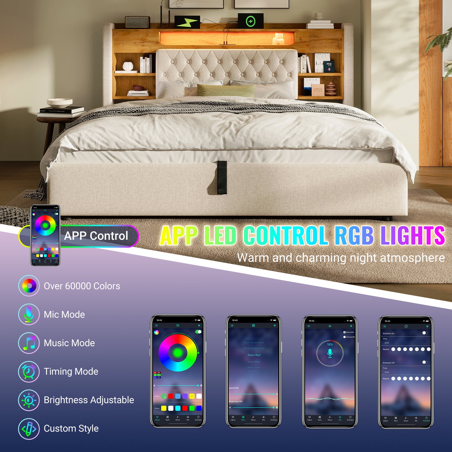 6ft Super King Bed With Hydraulic Storage, Upholstered Bed Frame With LED Lighting & Charging Station, Storage Headboard For Cellphones & Tablets, 180 X 200 Cm, Linen, Beige No Mattress