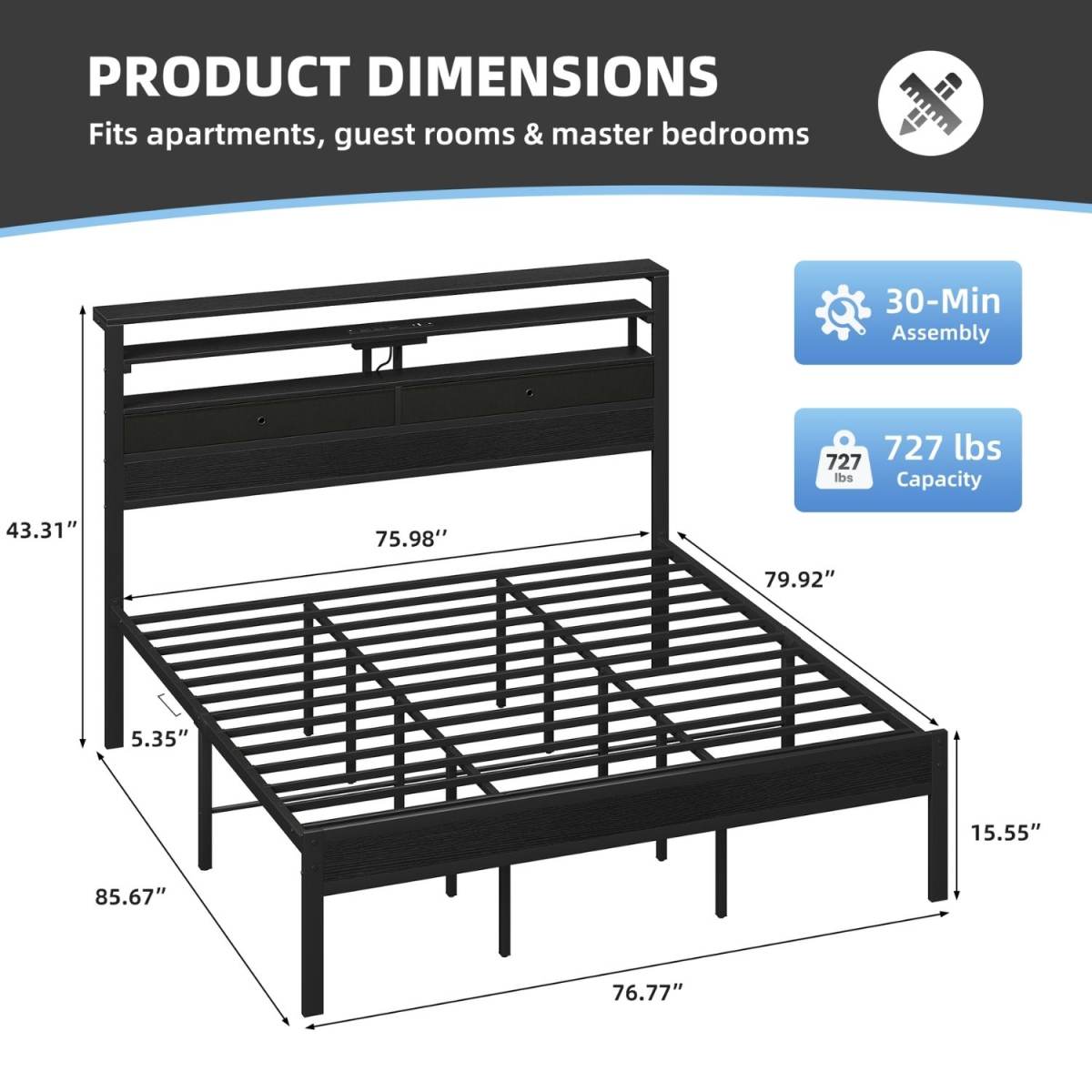Full Bed Frame With Charging Station And LED Lights, Wood Headboard, 2 Fabric Drawers And Storage Shelves, Metal Slats, No Box Spring Needed