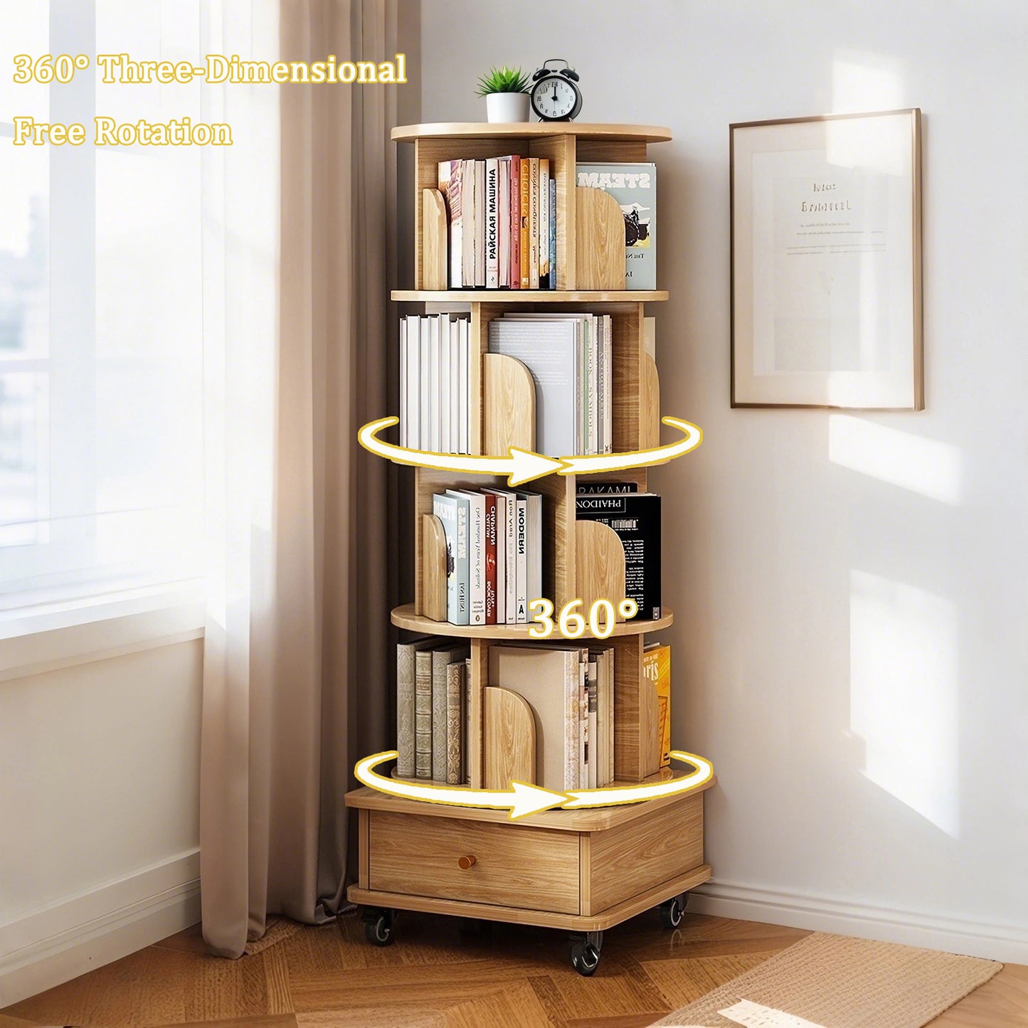 5 Tier Rotating Bookshelf, Display Round Spinning Bookshelf With Wheels, Space-Saving, Small Space Rotating Bookshelf Tower For Bedroom, Living Room, Home, Office, Wood Color