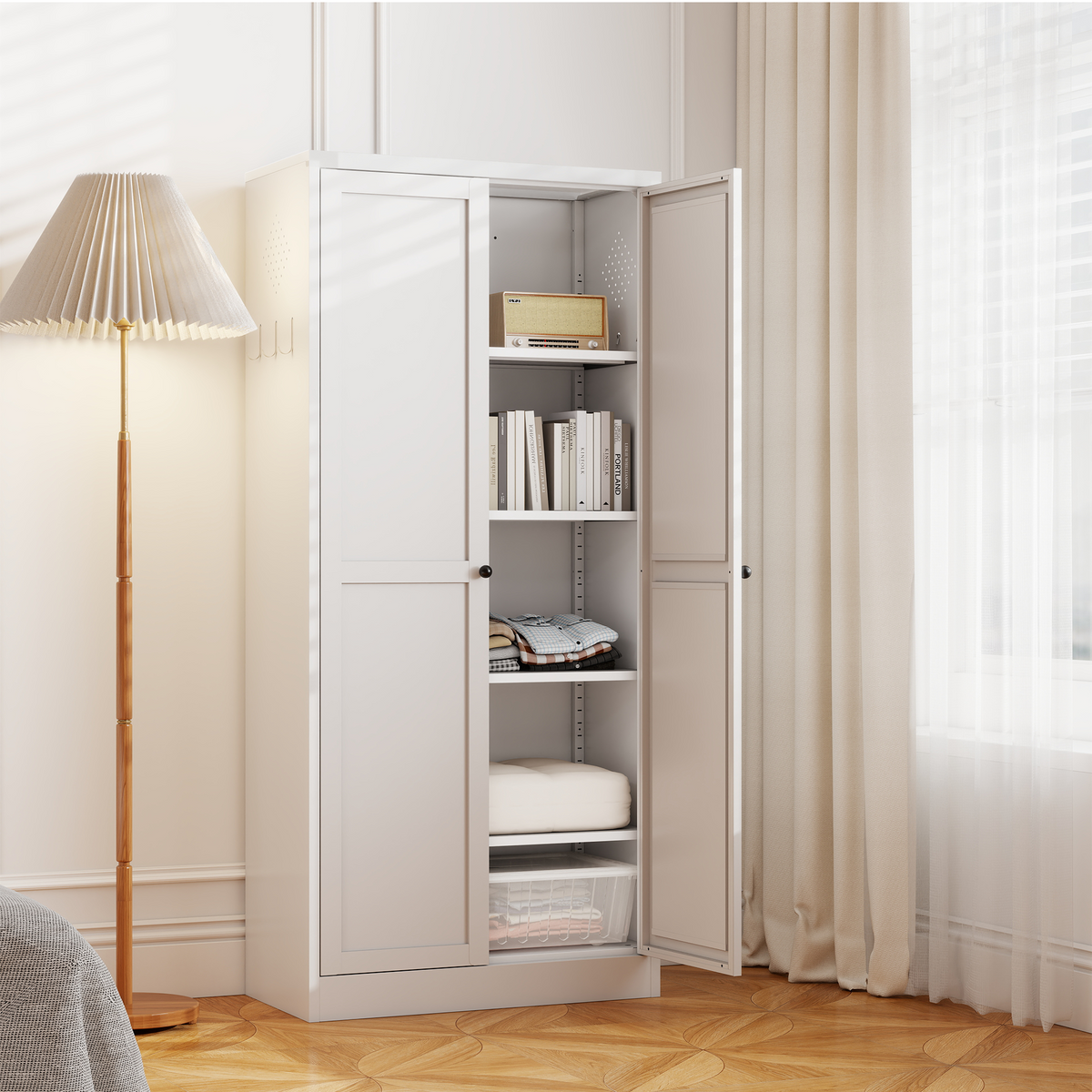 61 White Metal Kitchen Pantry Cabinet Adjustable Storage With 4 Shelves 110lb Capacity , Heavy Duty Freestanding Pantry Organizer For Kitchen, Pantry, Living Room