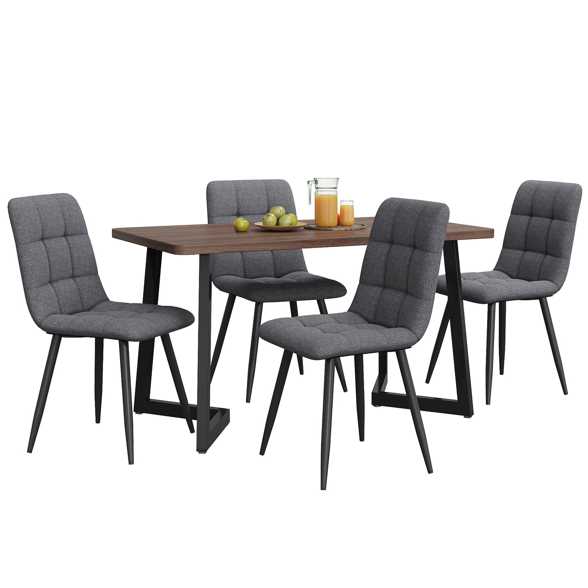 Dining Set 5-piece Dining Table With 4 Chairs Set, Modern Kitchen Table Set, Wood-grain Kitchen Table With Black Metal Legs, MDF Tabletop In Walnut Color, Dark Gray Linen Dining Chairs