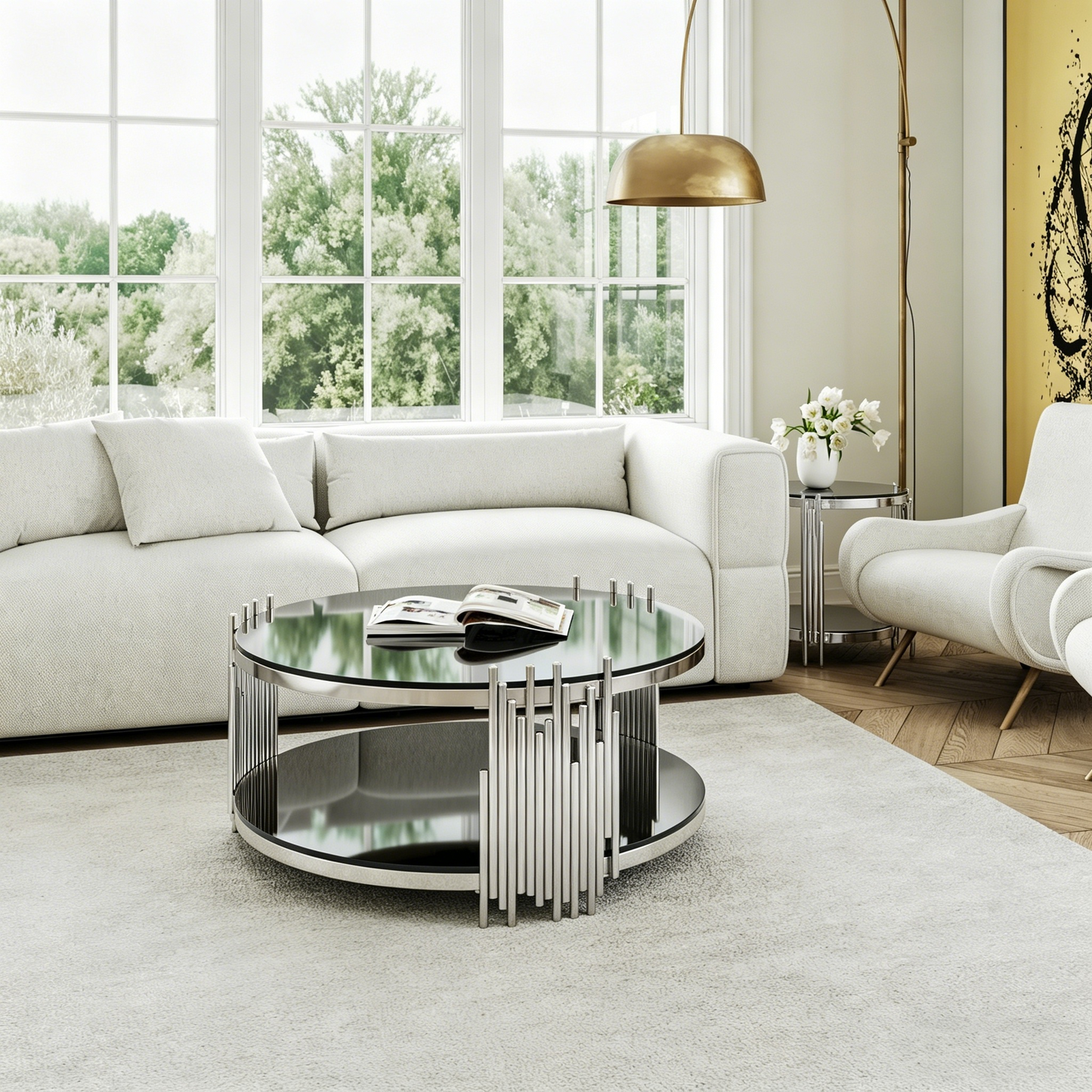 80cm Modern Black Glass Coffee Table,Luxury Living Room Tables With Double Glass Top,Round Cofe Table With Silver Steel Base,Sofa Table Glass Circle Top,Center Table For Living Room Home Office