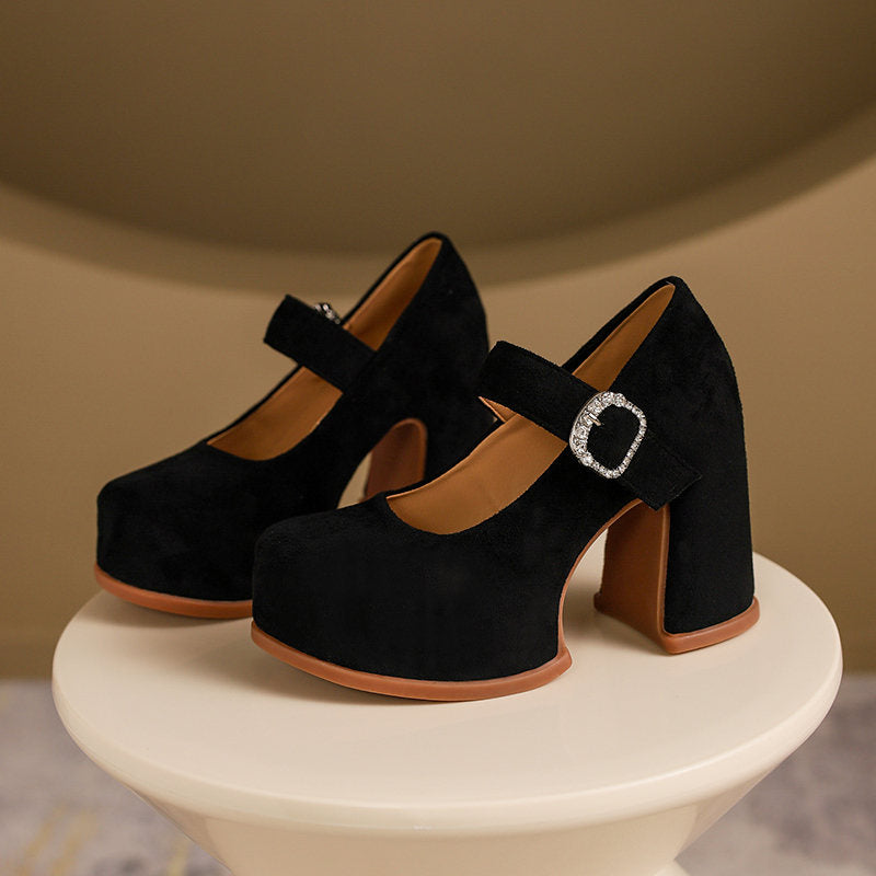 Women's Korean Style One Strap High Heels, Rhinestone Platform Block Heel Low-Cut Mary Jane Sandals