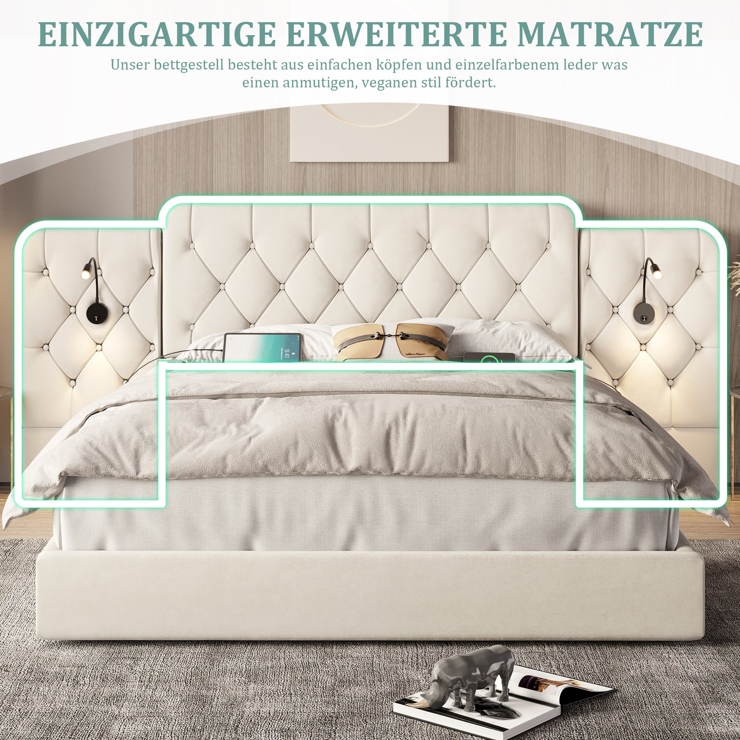 Old SKU W1880S00074 Bed Frame With Long Headboard, Fashionable Velvet Material, Multiple USB Ports, Desk Lamp, Hydraulic System, Extra Large Storage Space At The Bottom, 160 X 200 Cm,Beige