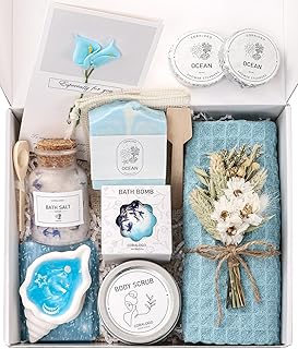 Coralogo Ocean Spa Gifts for Women - 11pc Self-care Spa Gift Basket with Scented Candle, Bath Salt, Greeting Card - Thinki...