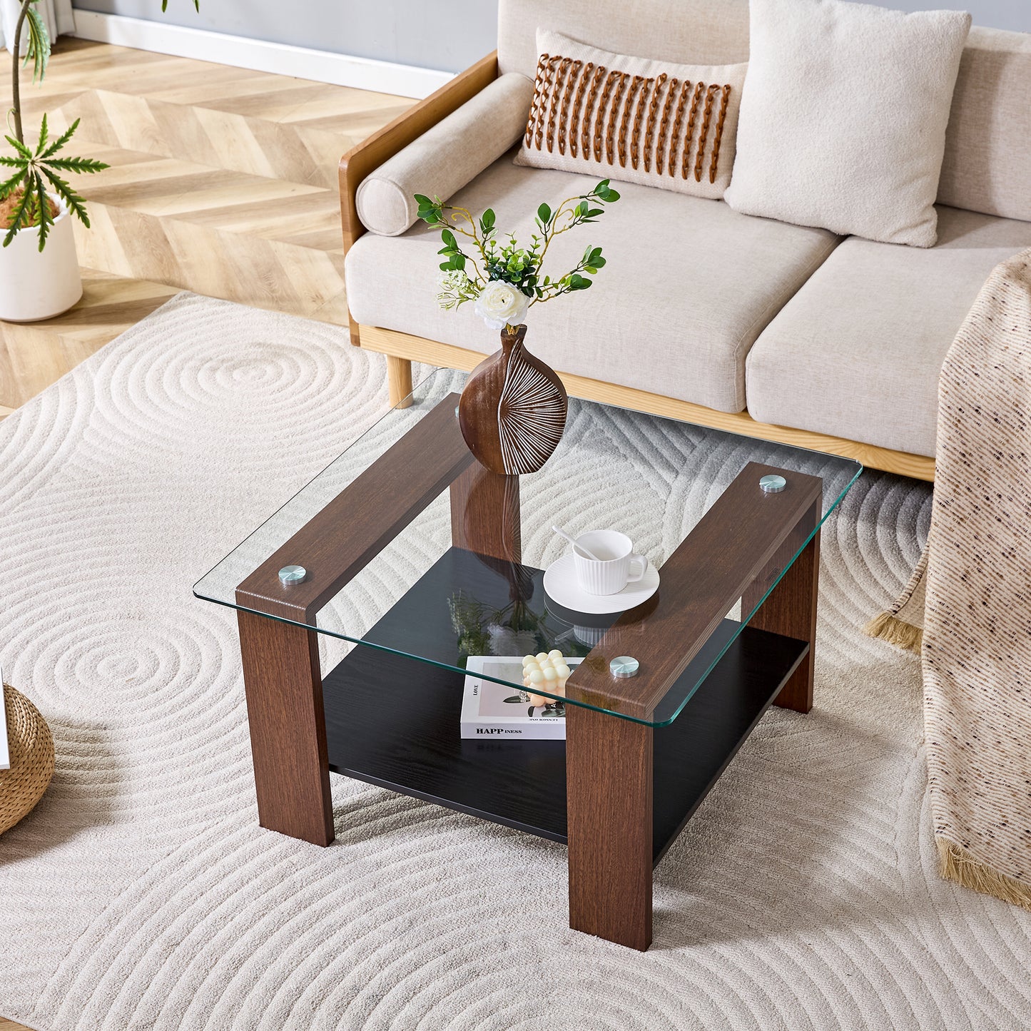 Modern Coffee Table With Storage, Tempered Glass Top And Walnut Wood Legs, 65x41x45.5cm, Contemporary Living Room Table For Home Office, Apartment And Small Rooms