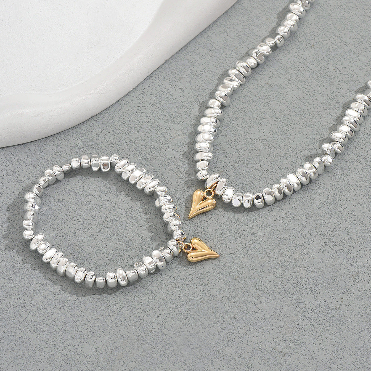 Best Selling Cross-border European American Women Jewelry Set, Geometric Heart Crushed Silver Irregular Design Clavicle Necklace & Matching Bracelet, Versatile Daily Neck Wrist Accessories