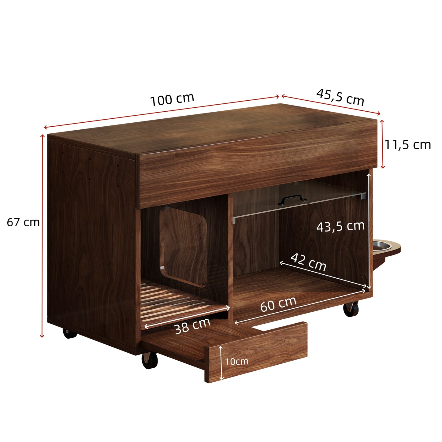 Movable Cat Litter Box Cabinet Cat Litter Box With Cat Food Plates, Sand Drip Tray, Perforated Plate With Hook Holes, Without Litter Box, 1 0 0x45.5x67 Cm, Walnut Colour
