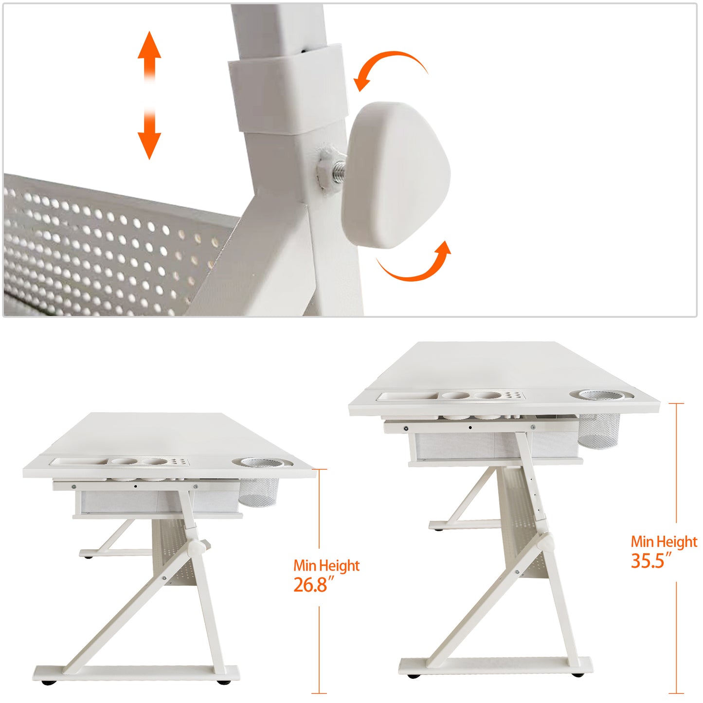 Adjustable Drawing Drafting Table Desk With 2 Drawers For Home Office And School With Stool All White