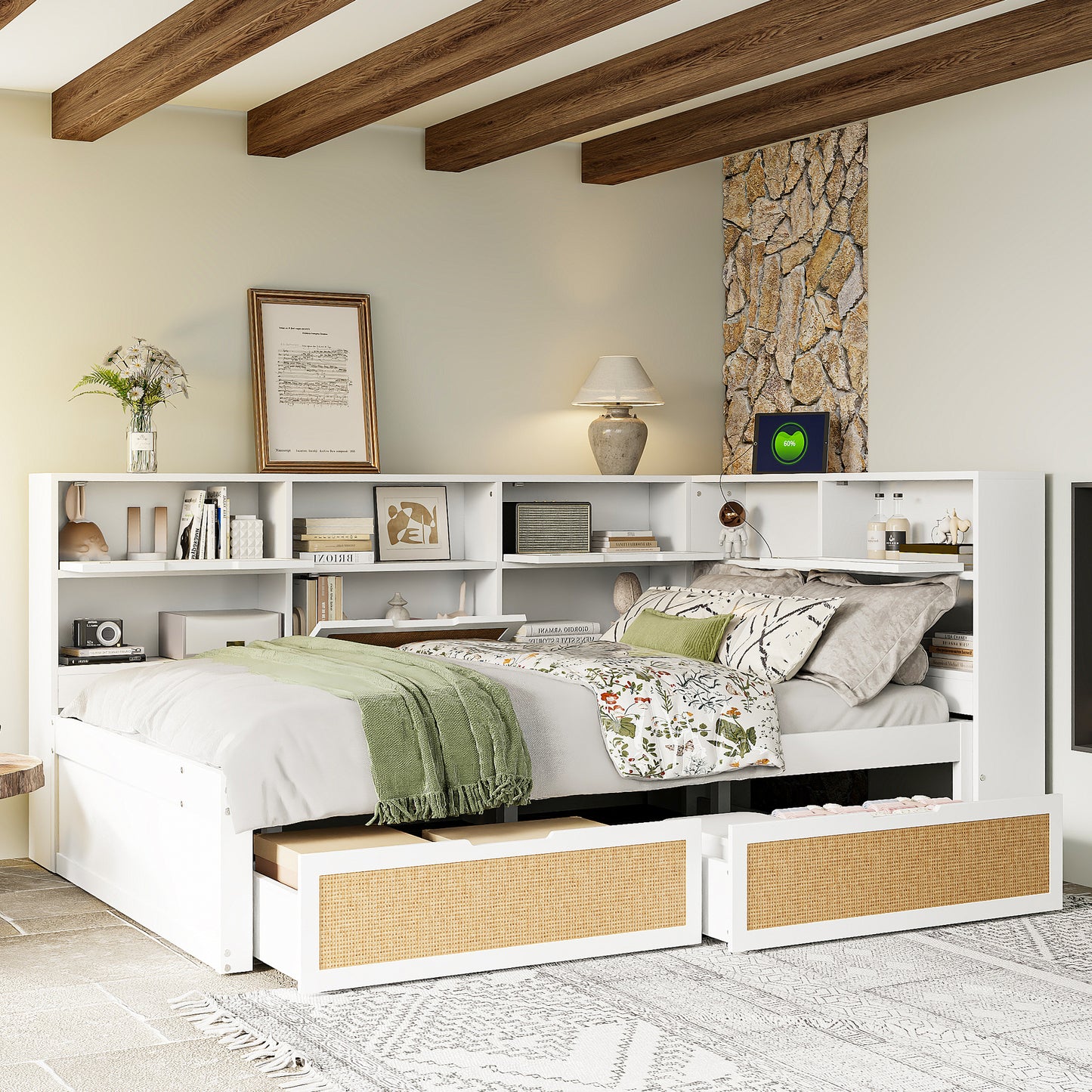 Solid Wood Sofa Bed 140x200 With Drawer Multifunctional Single Bed Cot With Many Storage Compartments And Charging Port White
