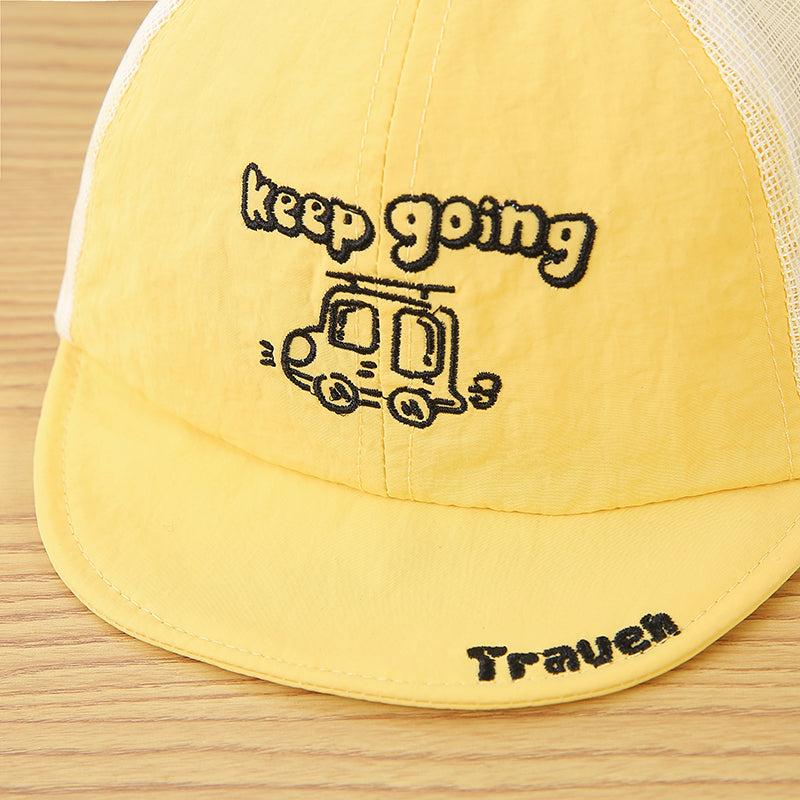 Children's Single-color Cartoon Car Embroidered And Pieced Together Net Fabric Breathable And Cool Fashion Short-brimmed Baseball Cap For Outdoor Travel