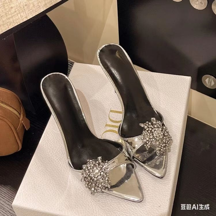 New Open Pointed Toe Floral Rhinestone Patent Leather One-Strap Slides, Sexy Outdoor Stiletto High Heels For Women, Silver Footwear