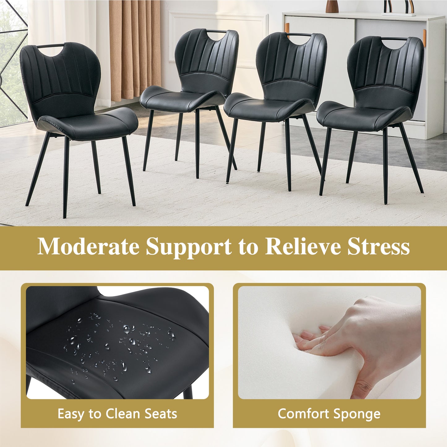 Set Of 4 Black PU Dining Chairs With Integrated Handle. Black Metal Frame, Adjustable Leveling Feet. Home Dining Chairs With Extra-Wide Comfortable Cushion, Versatile For Multiple Scenarios.