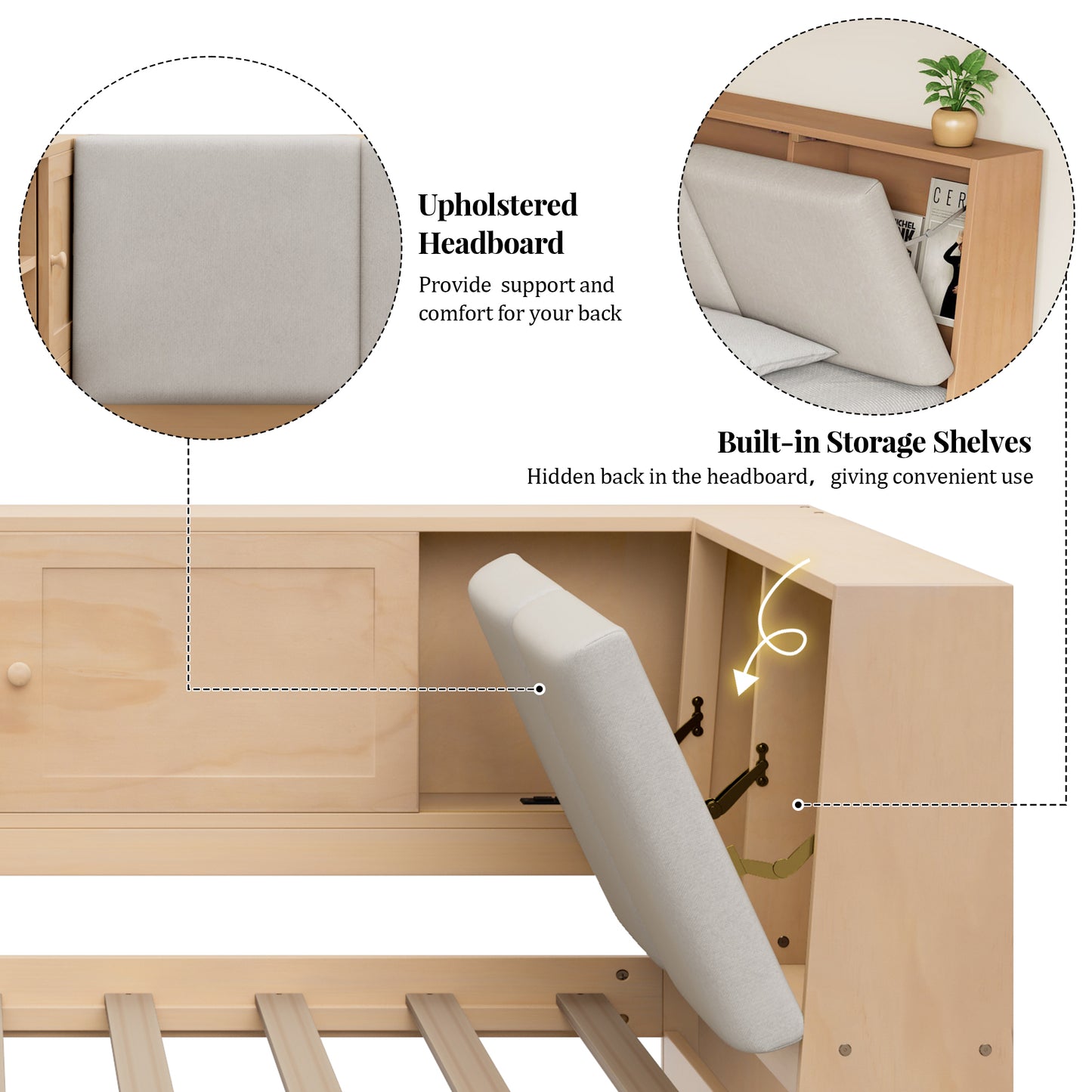 Wooden Twin Size L-shaped Daybed Corner Bed Under-bed Drawers With Storage Bookcase And Upholstered Headboard And USB Charging Ports For Limited Space,Natural