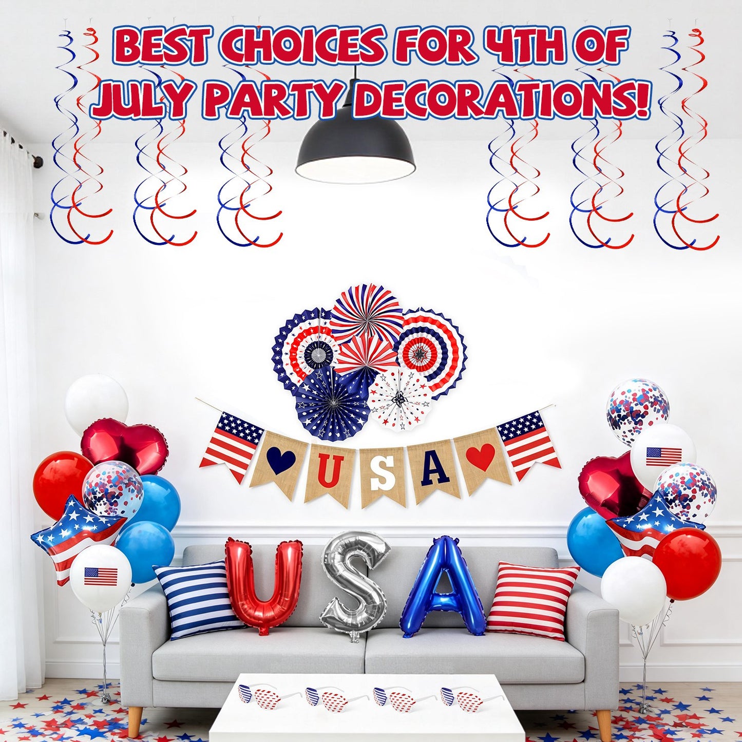 1Set 4th Of July Decorations Set,Patriotic Party Supplies With USA Foil Balloons Paper Fans Confetti Balloons Hanging Streamers Star Confetti Flags For Independence Day Memorial Day Veterans Day
